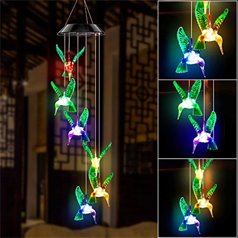 CAMPANILLA DE VIENTO COLIBRÍ CON LUCES LED